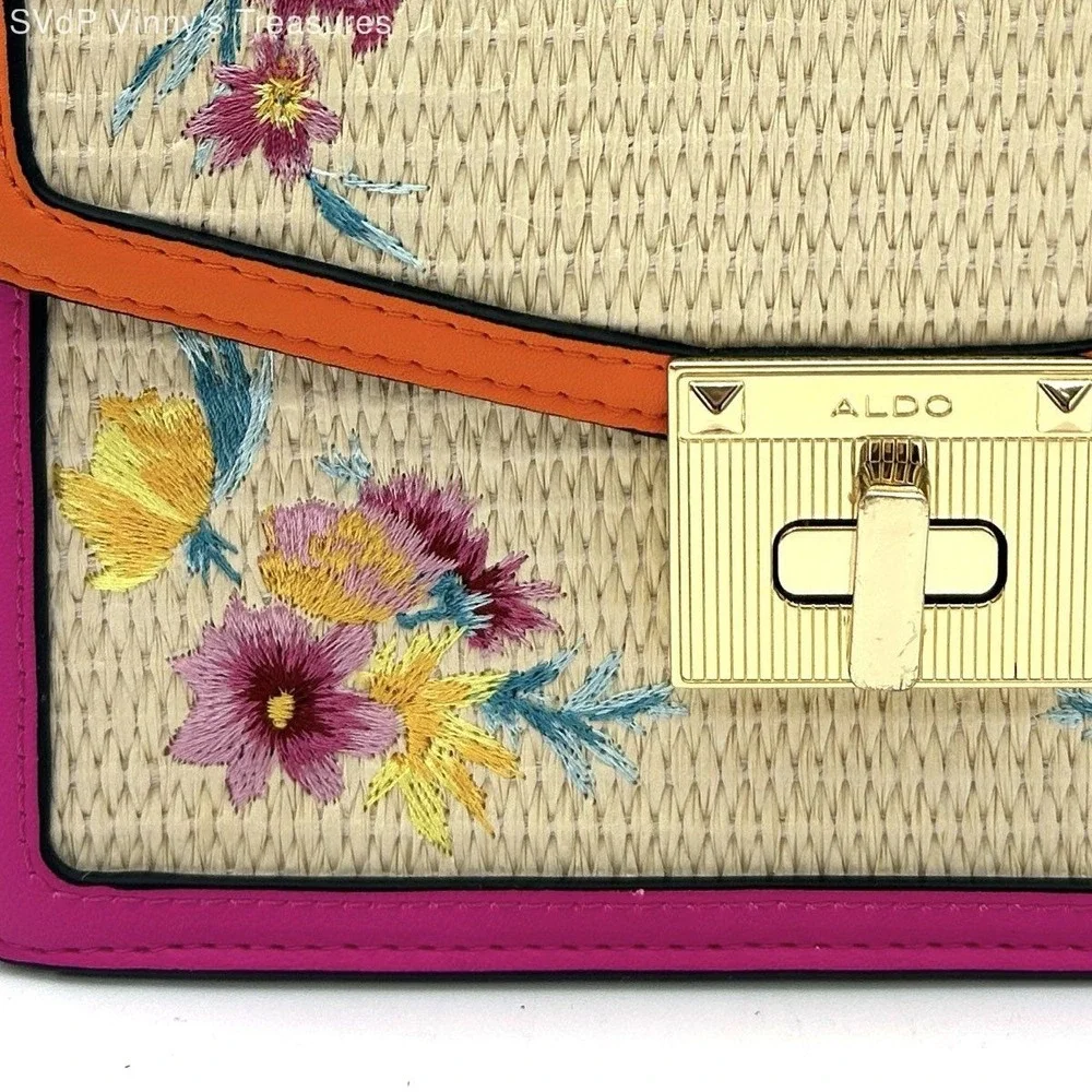 Aldo Women's Multicolor Straw Satchel Crossbody Bag Floral Embroidered New